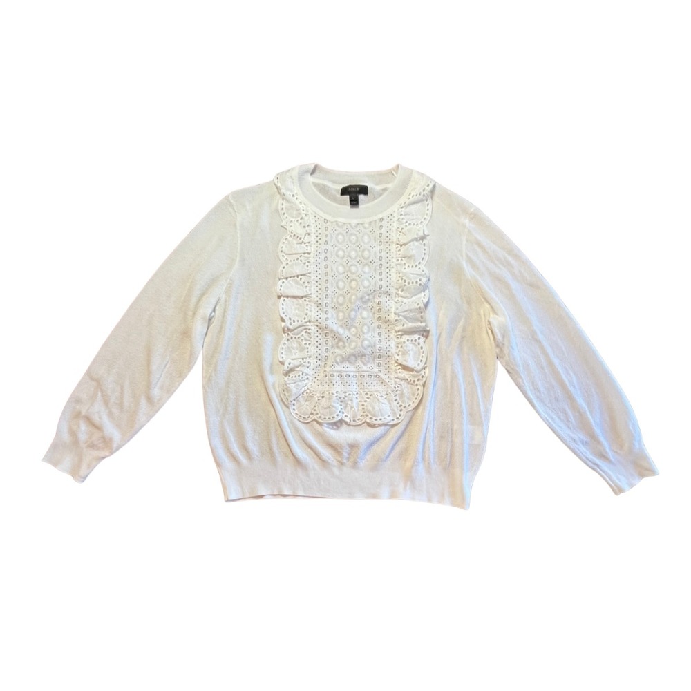 J. Crew Eyelet Ruffle‎ Bib Long Sleeve Sweater Top White L Coquette Regency Core